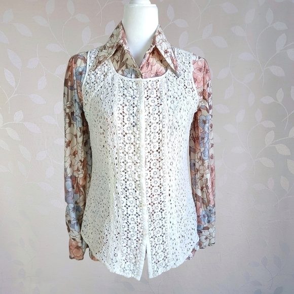 Vintage 90s Van Heusen Cream Floral Eyelet Button Front Sleeveless Top Vest XS - Picture 2 of 16